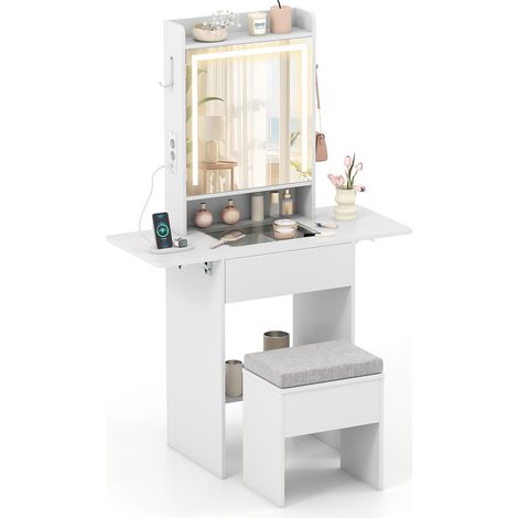 COSTWAY Vanity Desk with Lighted Mirror 3 Color Modes Foldable Panels Power Outlets White (1/4)