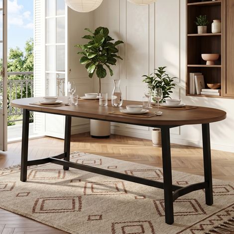 Table à manger 180x80x75 cm, 6-8, coins arrondis, pieds en fer stables, design organique moderne, montage facile, noyer (1/5)
