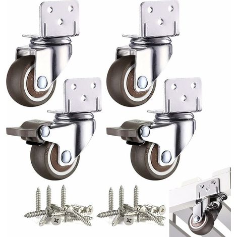 Lot de 4 petites roulettes pour meubles 25 mm avec frein, 10 roulettes pivotantes 2x2 avec vis - platine de fixation en L (1/5)