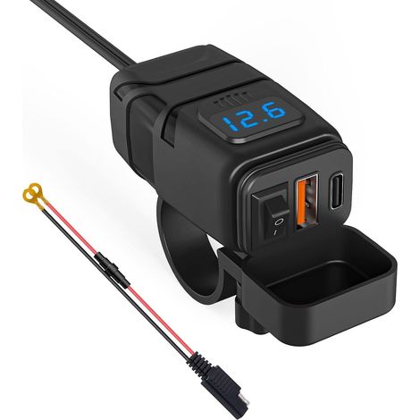 Chargeur de moto, type C PD et QC3.0 Prise USB pour voiture 12 V/24 V étanche avec interrupteur et voltmètre LED pour SUV marin Bateaux (Bleu : USB + Type C) (1/5)
