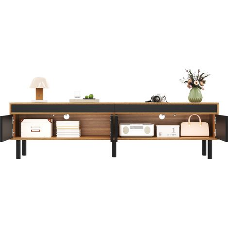Modern TV Cabinet with 4 Doors - Natural & Black Lowboard Media Unit, Slim Design for Living Room (1/5)