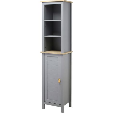 Armario Alto de Baño Mueble Columna Estrecho con 1 Puerta Estante Ajustable y 3 Compartimentos Abiertos de Almacenaje Estilo Moderno 39x30x168 cm Gris