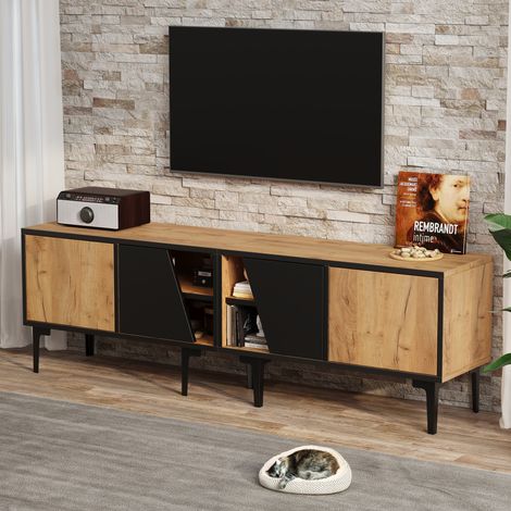 Meuble TV 160 x 36,5 x 45 cm pour salon, avec 4 compartiments, meuble bas avec 7 pieds de soutien, meuble de salon au design moderne et minimaliste, convient aux téléviseurs de 65 pouces, couleur bois (1/5)