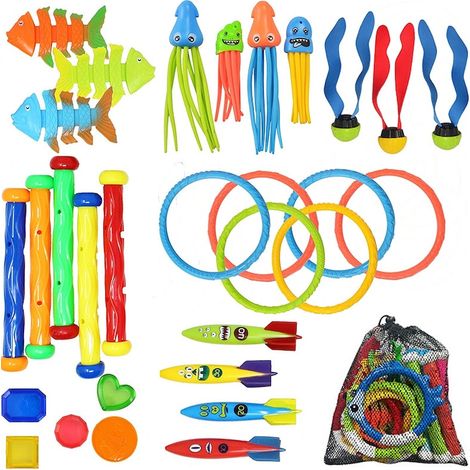 Ensemble de 30 jouets de plongée pour enfants de 3 à 12 ans, avec sac de rangement, 750 g, accessoires de sports nautiques, convient pour les piscines, baignoires, spas, bassins, multicolore (1/5)
