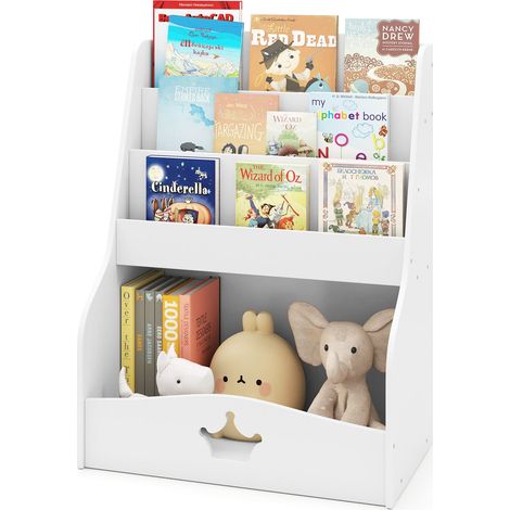 COSTWAY Kids Bookshelf Montessori Bookshelf w/3 Shelves & Open Compartment White (1/5)