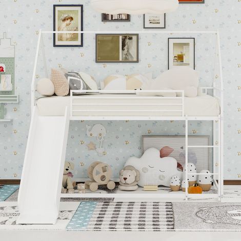 Lit superposé 90x190 cm - Lit superposé enfant en métal 90x190 - Lit cabane avec toboggan échelle et barrières - Blanc (1/5)