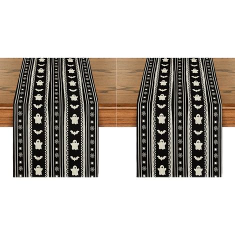 Camino de mesa de Halloween, decoración de mesa para el hogar y fiestas, 33 x 183 cm, máscaras a rayas negras y grises con fantasmas (2 piezas) (1/5)