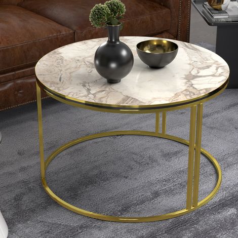 Mesa de centro Aulum redonda aglomerado y metal 50 x Ø 70 cm - mármol blanco y dorado [en.casa] (1/5)