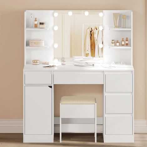 WOLTU - Tocador con espejo LED y taburete, luces LED regulables de 3 colores, tocador de maquillaje, blanco (1/5)