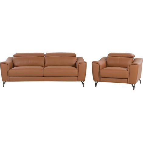 Ensemble Salon Design Canapé Fixe et Fauteuil en Cuir Marron avec Appuis-têtes Ajustables Confortable et Moderne Beliani