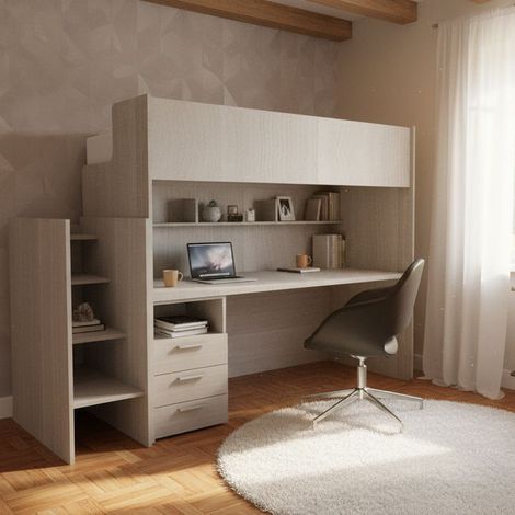 Letto a castello con scrivania integrata e scaletta contenitiva – Soluzione salvaspazio ideale per ragazzi - Rovere rock