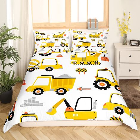 Parure de lit en microfibre avec housse de couette 135 x 200 cm, pour enfant garçon, motif voiture, tracteur, camion, décoration de chambre pour adolescents, garçons, jaune (1/5)