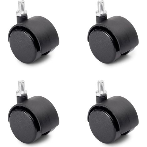 Un jeu de 4 roulettes pivotantes à double roue, adaptées aux meubles, de 40 mm de diamètre, avec boulons M8x12 mm et roulements à billes, noires. (1/5)