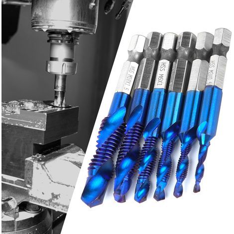 6 Pièces Forets à Taper M3/M4/M5/M6/M8/M10 en Acier Rapide, Tige Hexagonale 6.35mm pour Taraudage (Type C) (1/5)