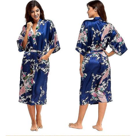 Langer Damen-Bademantel im Kimono-Stil aus weichem, luxuriösem Seidensatin – Größe 2XL – Dunkelblau