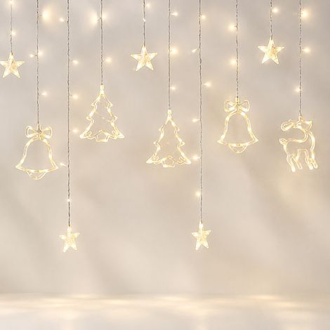 Guirlande LED Rideau Noël - Décoration Festive avec Cloches et Rennes - Blanc Chaud - Branchement Secteur (1/5)