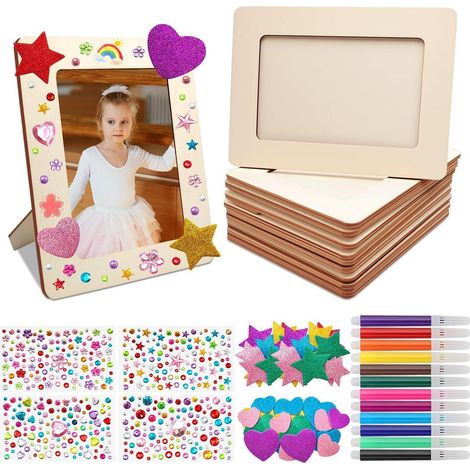 10er Set Holz Bilderrahmen zum Bemalen mit Glitzersteinen & Stiften (1/4)