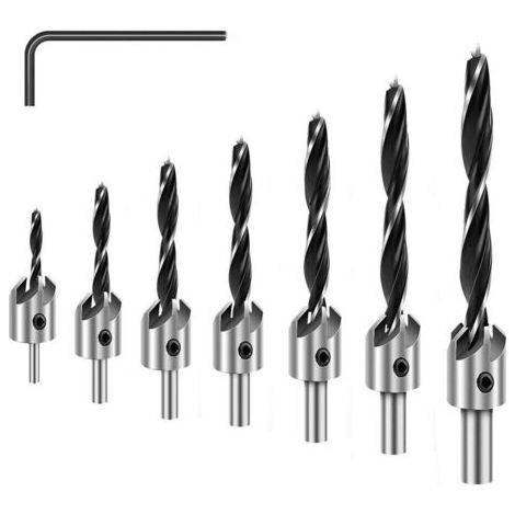 VURAHOME - Lot de 7 forets zingués, jeu de forets à chanfrein pour sculpture sur bois à trois pointes avec clé hexagonale, perceuse en acier rapide, alésoir de menuiserie réglable plaqué pour le brico (1/4)