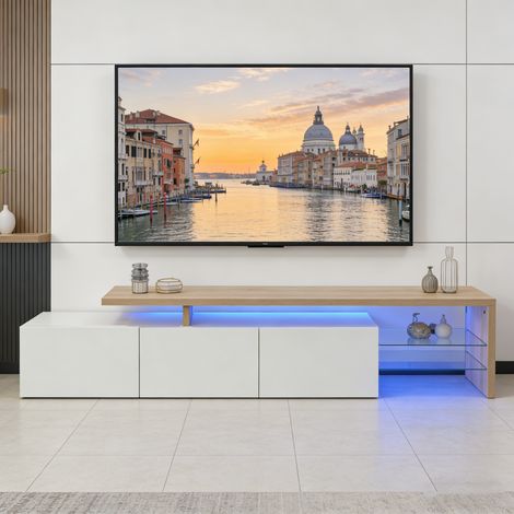Meuble TV Moderne avec lumières LED Variables, 3 Portes et étagères en Verre – Buffet élégant pour Salon