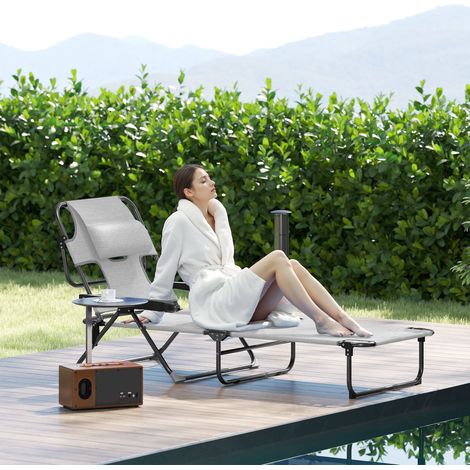 Transat pliant avec dossier réglable, trou de lecture, appui-tête et accoudoirs, capacité de charge 120 kg, 145 x 72 x 89 cm, gris foncé