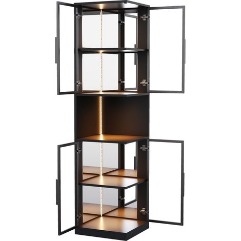 Vitrina LED de 205 cm con puertas dobles de vidrio y fondo espejo, negra (1/5)