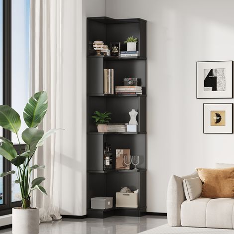 Bibliothèque d'angle en forme en L – Meuble multifonction – Ruban LED multicolore contrôlable par application – 5 niveaux de rangement – 63,5 × 45 × 175 cm – Noir (1/5)
