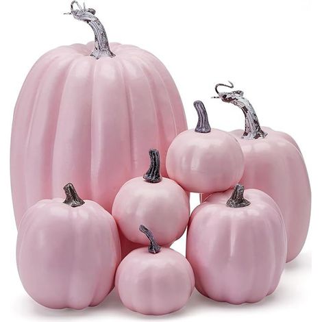 Set mit 7 rosa Kürbissen in verschiedenen Größen, herbstliche Schaumstoffdekoration für Thanksgiving und Hochzeiten. (1/4)