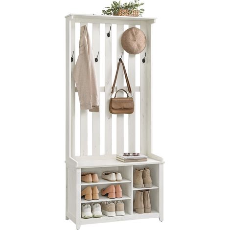 Porte-Manteau, Banc à Chaussures, Portant à Vêtement avec Étagère à Chaussures, 7 Crochets Doubles, Vestes, Chapeaux, pour l’Entrée, Chambre, Salon, 35 x 81 x 180 cm, Blanc Nuage HSR414W01 (1/5)