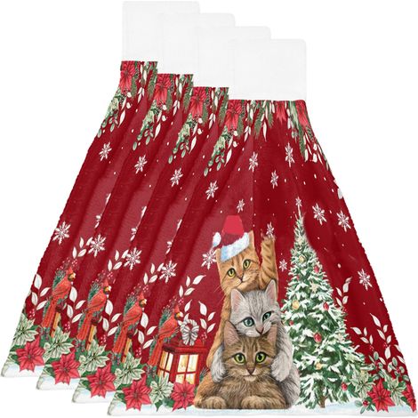 4Serviettes à main suspendues, vendues individuellement, avec anneau de suspension, ornées d'un motif de chat et de sapin de Noël.