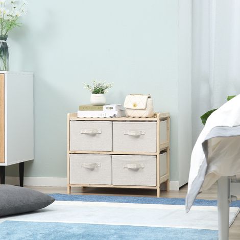Commode en tissu meuble de rangement avec 4 tiroirs pliants en tissu de lin style élégant pour chambre à coucher bureau salon 59 x 28 x 50 cm bois naturel beige