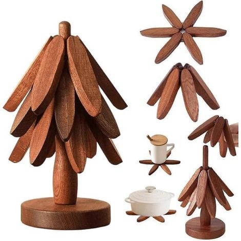 Dessous de plat pliable en bois de noyer avec support de rangement, dessous de plat de cuisine résistant à la chaleur pour casseroles, bols et théières chauds Logg noyer 3 supports (1/5)