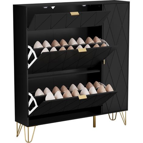UEV Scarpiera Salvaspazio Slim da Ingresso, 110 x 24 x 120 cm, Porta Scarpe con 3 Ante a Ribalta, 2 Scomparti per Riporre Gli Stivali Lunghi, Scarpiere Moderne in Legno, Grande, Nero (1/5)