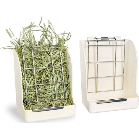 Hay Rack with Platform for Small Pet Rabbit Hamster/Guinea Pig - Made of Quality Hard Plastic and Metal, Non-Toxic, Durable and Long Lasting (White)