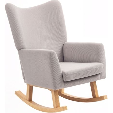 Fauteuil à bascule rétro en velours côtelé et bois d'hévéa, dossier haut, accoudoirs, gris clair (1/5)