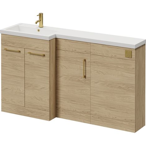 Napoli 390 Light Oak 1500mm 3 Door Vanity Unit Toilet Suite with Left Hand Square Lucia Basin - 1500mm - Brushed Brass 160mm HandleWithout Kingston Toilet Pan