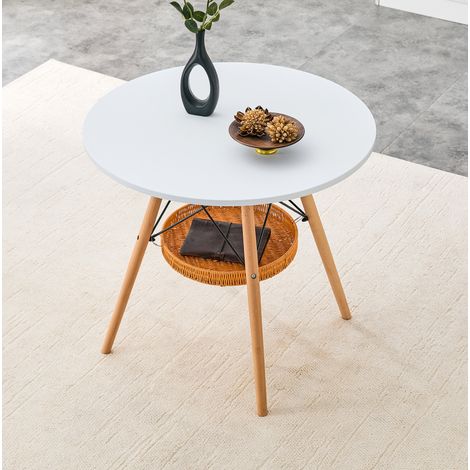 Table à manger ronde 80 cm blanche avec pieds en bois massif et panier de rangement tressé, pour 2 à 4 personnes (1/5)