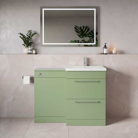 Napoli 390 Olive Green 1100mm 2 Drawer Vanity Unit Toilet Suite with Glide Basin - 1100mm - Chrome 320mm HandleWithout Kingston Toilet Pan