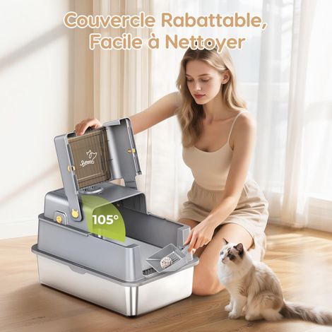 Maison de Toilette pour Chat Grand Modèle Bac à Litière Anti-Odeur Fermé avec Pelle Boîte à Litière en Acier Inoxydable pour Grands Chats (1/5)