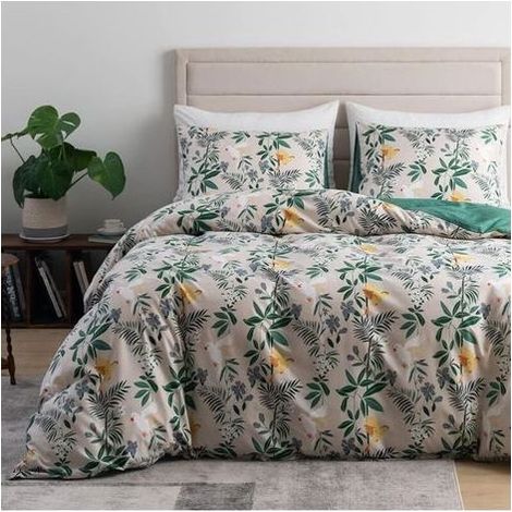 Ersandy – Housse de couette 240x260 cm motif feuilles beige vert – Parure de lit réversible en microfibre – 2 taies d'oreiller 50x75 cm (1/5)