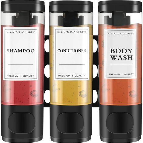 Distributeur de savon liquide mural (noir) pour salle de bain, porte-savon à trois compartiments, support mural pour savon, shampoing, gel douche et liquide vaisselle. (1/5)