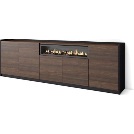 Aparador Atajate-01 de 260x80x37 cm con 5 puertas, chimenea y luces LED, color roble oscuro y negro (1/4)