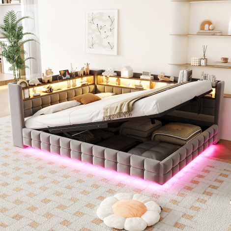 Letto/divano letto imbottito multifunzionale 140 × 200 cm, con vano contenitore idraulico, ripiano in legno, striscia LED, presa di corrente, porte di ricarica USB e Type-C, struttura di supporto a do (1/5)