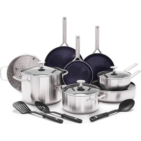 Batterie de Cuisine en Acier Inoxydable 18/10 Revêtement Céramique Antiadhésive, 15 Pièces,Poêle à Frire,Casserole,Sans PFAS,Multicouche,Induction,Lave-Vaisselle,Four,Argenté (1/5)