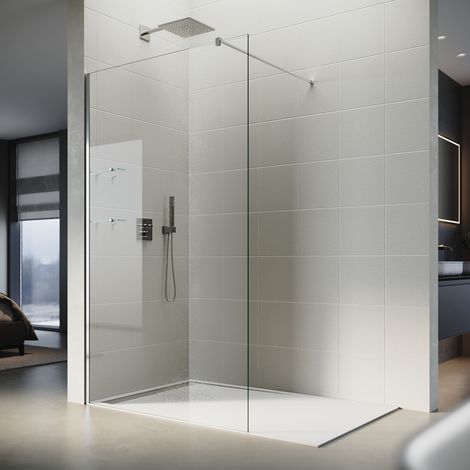 SONNI Walk In Duschwand 110 x 200cm mit 8mm Nano-Beschichtung ESG Sicherheitsglas mit Zwei 8mm Dreieckigen Glasablagen und Stabilisator. (1/5)