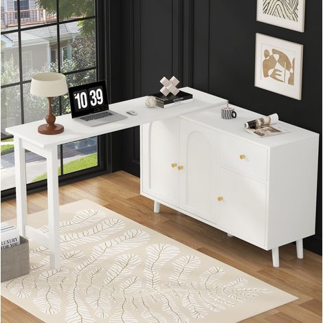 MODFU – Bureau 2-en-1 120x40x74,5 cm panneaux particules – Pivotant 360° et buffet – 3 portes et 1 tiroir – Bureau – Blanc/doré (1/5)