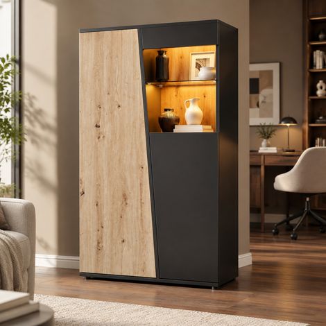 Vitrine haute LED Bluetooth 2 portes, 7 étagères, 80x35x139,5 cm, noir bois naturel OKMYHOME (1/5)