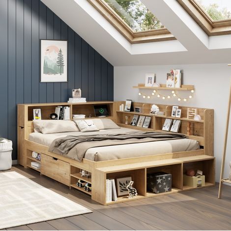 Lit enfant 254x159,5x91 cm en contreplaqué naturel, rangement gain de place, sans matelas – MEUBLIV (1/5)