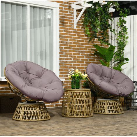 Set di mobili da giardino in rattan color caffè, 2 poltrone con cuscini e tavolino in vetro temperato, piedi regolabili (1/5)