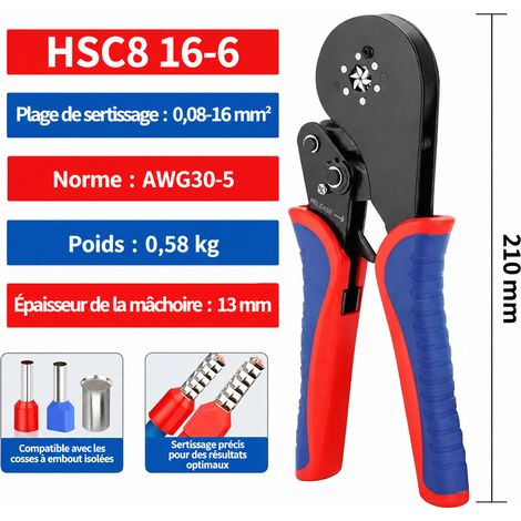 Pince à sertir HSC8 16-6A 0,08-16 mm² 210 mm pour embouts de câblage 16-6a 210 0.08-16 6 700 g – Livraison gratuite