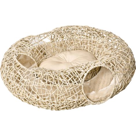 Cama para gatos, cojín suave, elegante diseño de ratán, madera natural, 78 x 69 x 22 cm (1/2)